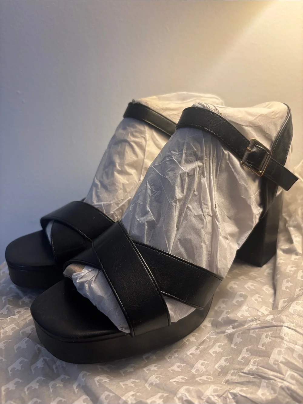 Soda Black Crisscross Platform Block Heel Sandals